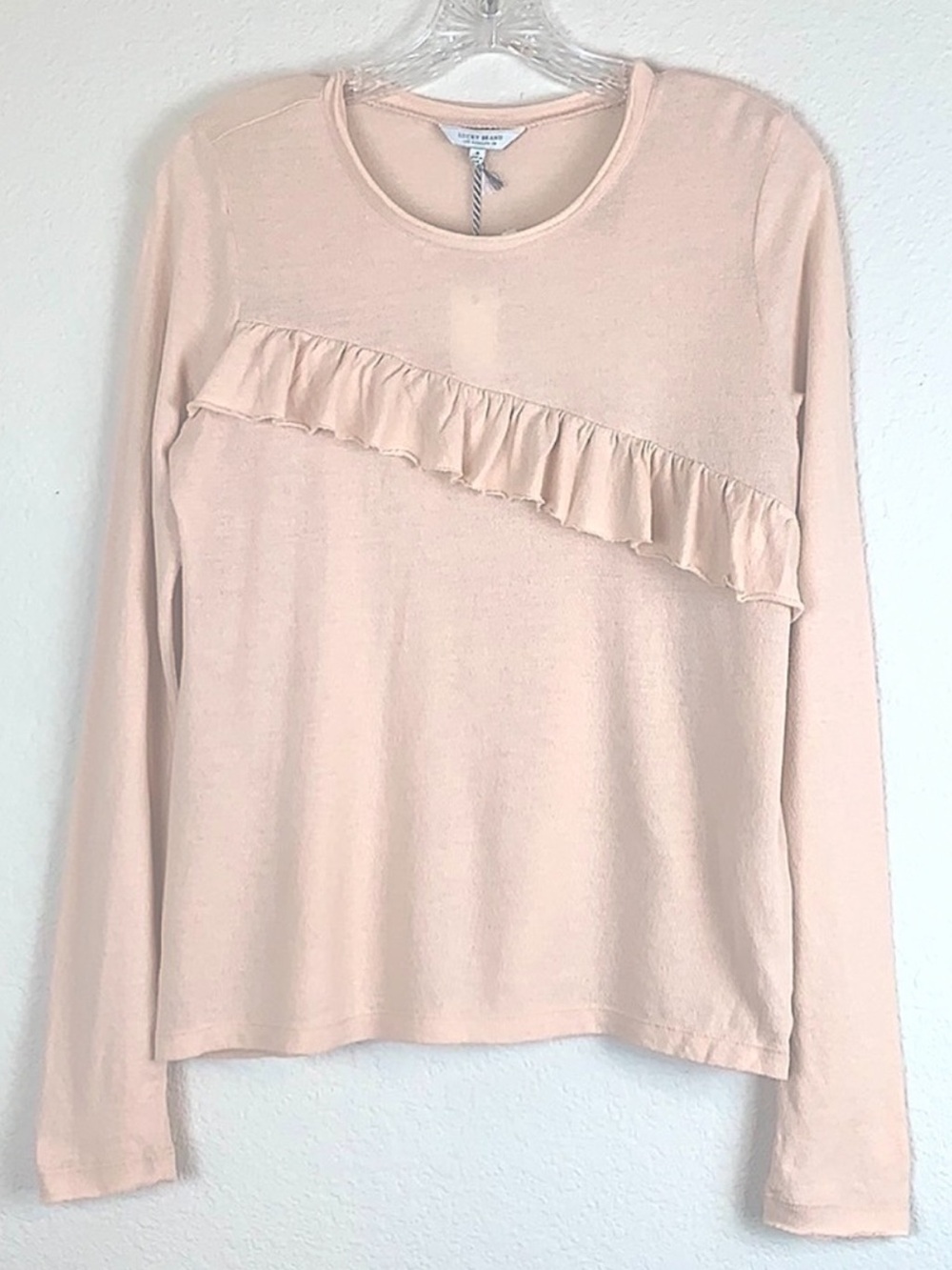 Lucky‎ Brand Blush Pink Asymmetrical Ruffle Top Lightweight Knit Boho S
